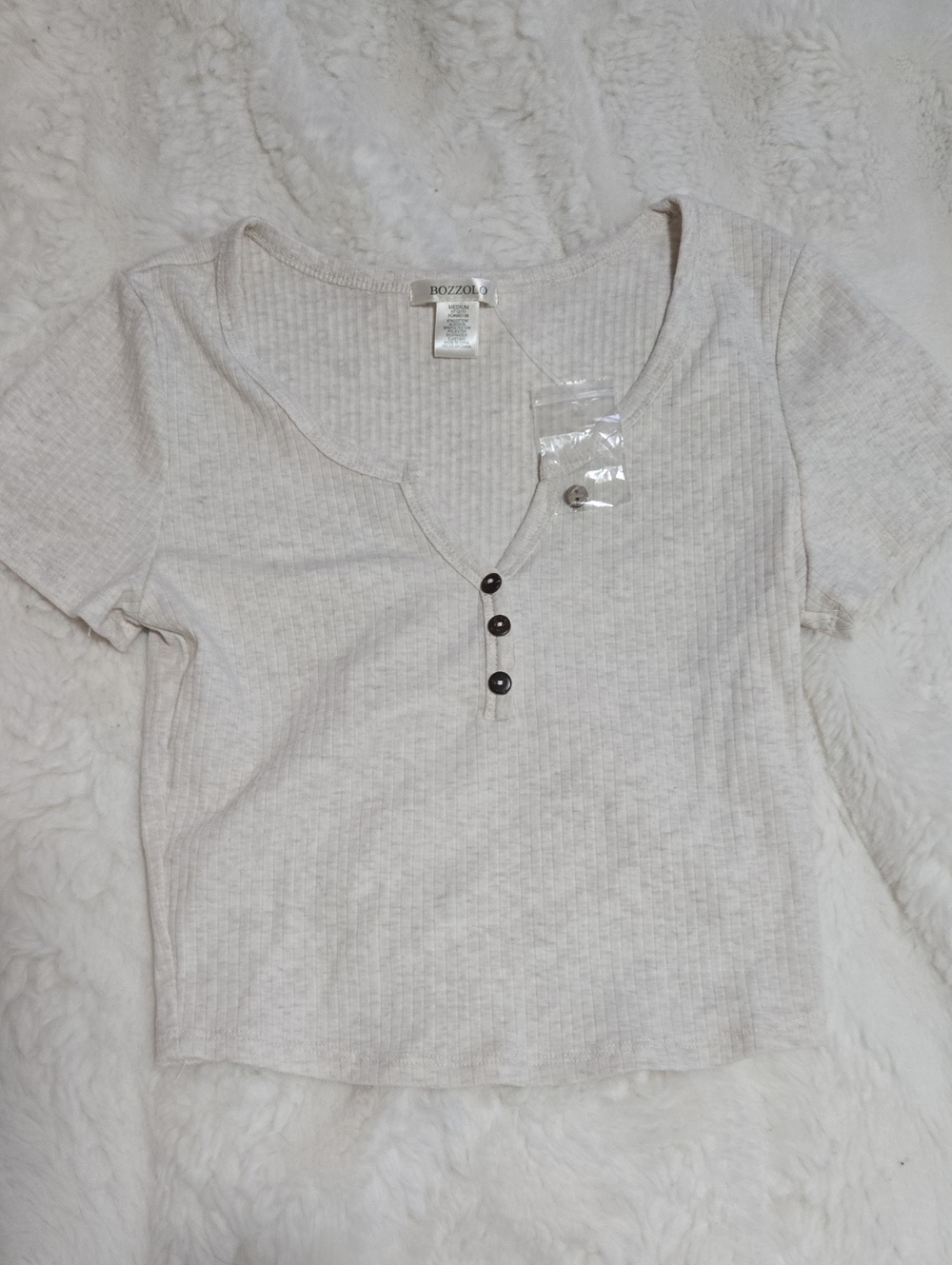 Bozzolo Cream Ribbed Henley Crop Top with Dark Buttons